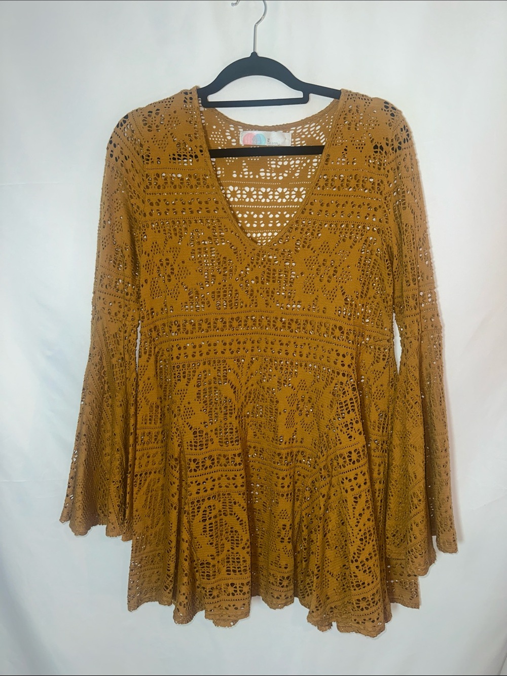 Fp beach Crochet V‑Neck Bell Sleeve Tunic Dress in Mustard